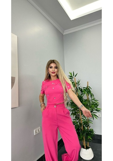 Kadın Taşlı Tshirt Palazzo Bol Paça Pantolon Alt Üst Takım - Dar Kalıptır Pembe Pembe