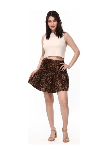 LEOPAR DESENLİ SÜET KADİFE ŞORT ETEK Kahverengi - Krem