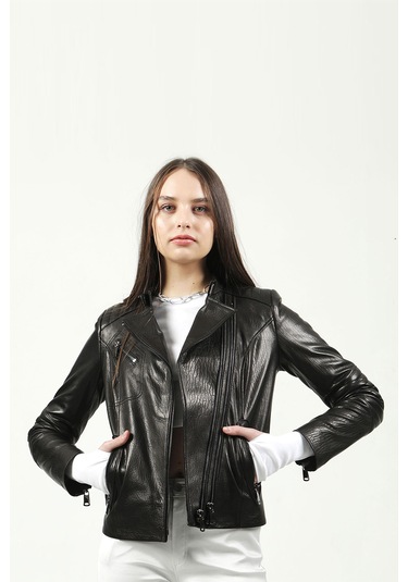 Dericlub Kasuka Jumbo Gerçek Deri Kadın Mont Siyah