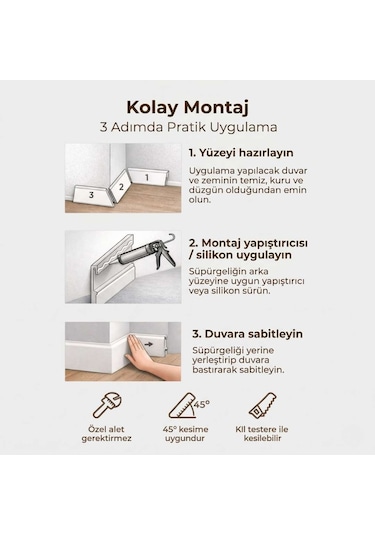 Espumo Kompozit Süpürgelik 8 cm Beyaz | Suya Dayanıklı Parke Duvar Süpürgelik 2,40 m ESP301