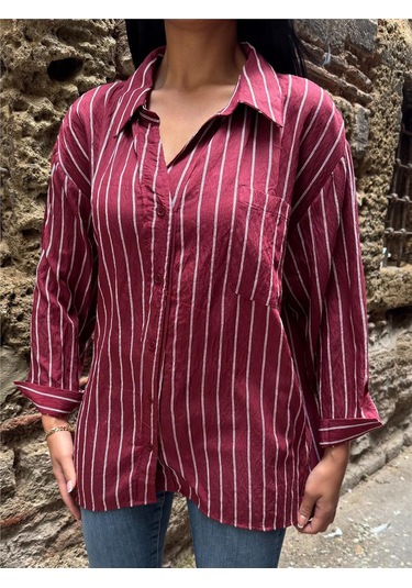 Bordo Çizgili Oversize Düğmeli Gömlek Bordo