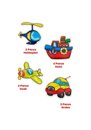 13 Parça Taşıt Figürlü Puzzle Seti - Araba Gemi Uçak Helikopter Şekilli 2-3 Yaş Eğitici Yapboz