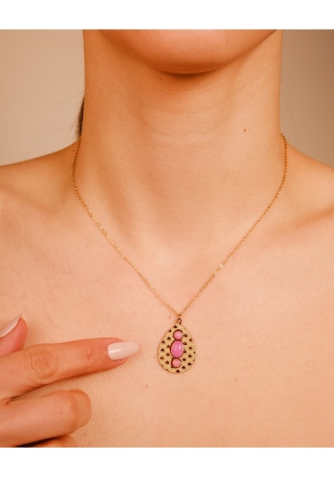 Lekka Design Kadın Takı Kararmaz Çelik Pudra Pembe Taşlı Damla Antik Kolye
