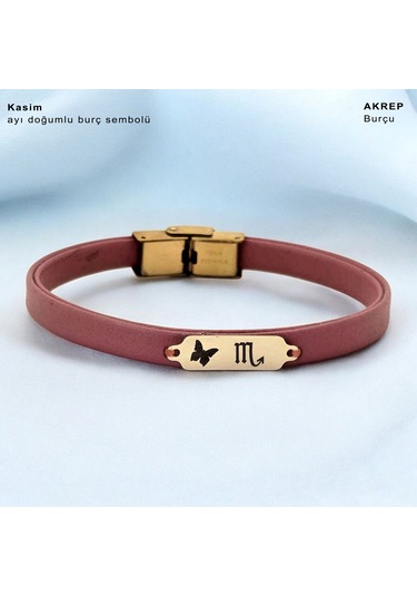 Archin Kasım Ayı Doğumlarına 14 Ayar Altın Plakalı Koyu Pembe Derili Kelebek Motifli Hediye Bileklik-654ay Kasım