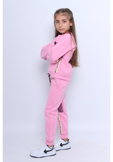 Kız Çocuk 3 İplik Eşofman Takımı Baskılı Cep Detaylı D27 Pembe