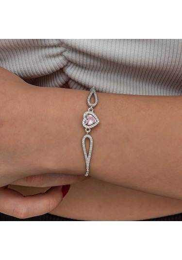 Blackcraft Gümüş Pembe Zirkon Taşlı Kalp Bileklik Bc-c3f0ff Renkli