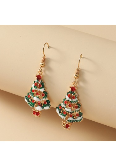 Samdoo Noel Ağaç Desenli Renkli Altın Renkli Asma Küpe - Noel Partileri Ve Hediyelik Özel Aksesuar Gold