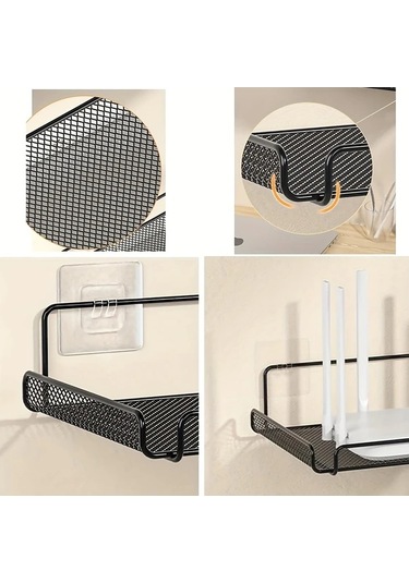 Sunshine011 Siyah Modern Duvar Tipi Router Rafı, Havalandırmalı Mesh Saklama Ünitesi Siyah