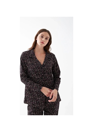 Giyim Kadın Siyah Düğmeli Kalp Desenli Pamuklu Pijama Takımı Siyah