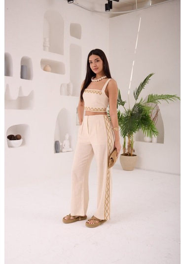 Zikzak Nakış Kalın Askılı Crop Bluz Pantolon 2li Takım Bej