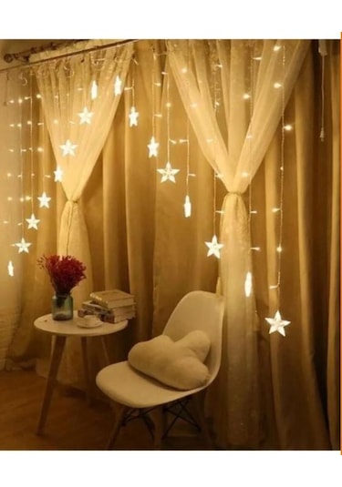 Yıldız Şekilli Led Perde Işık - Sıcak Beyaz Dekoratif Işık Zinciri, Oda Ve Parti Süsleme Işığı Gün Işığı