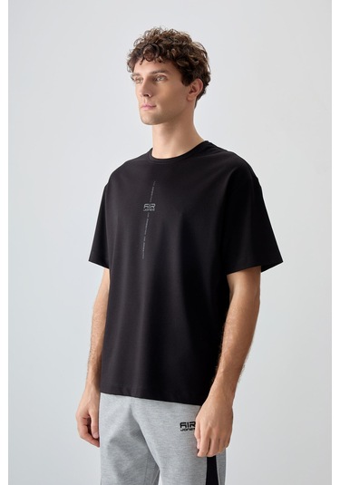 Tommy Life Siyah Pamuklu Kalın Yumuşak Dokulu Oversize Fit Baskılı Erkek T-shirt - 88373 Siyah
