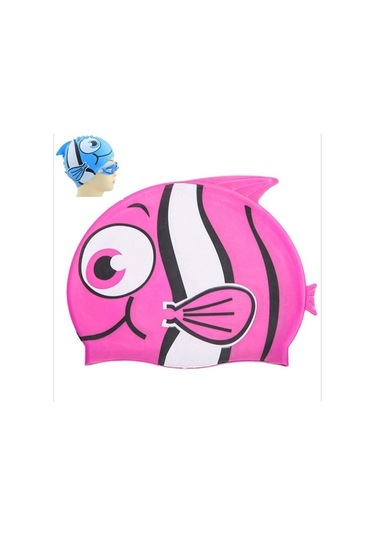Dm Küçük Balık Desenli Çocuk Dalış Şapkası - Silikon Yüzme Kulak Koruma Şapkası D Pembe