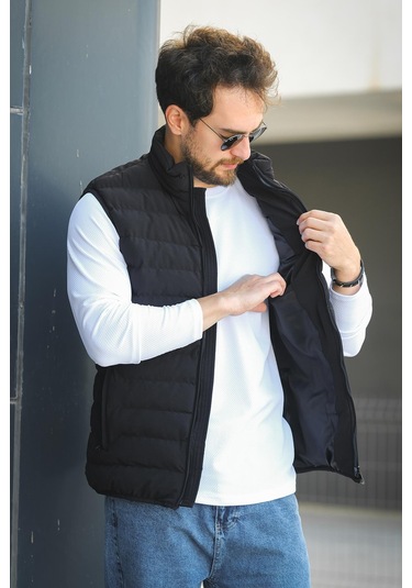 Doxfa Suya Dayanıklı Cepli Fermuar Detaylı Dik Yaka Erkek Şişme Yelek Siyah