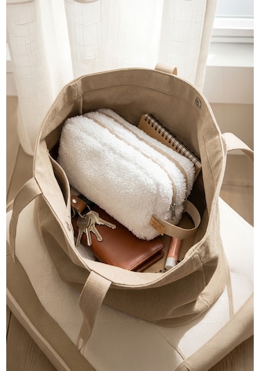 Fluffy Çift Fermuarlı Organizer Çanta Xl Bej