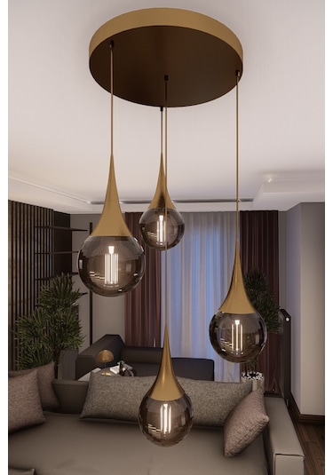 Liora Modern Eskitme Metal Avize - Füme Cam, 4'lü Sarkıt, E27 Duy