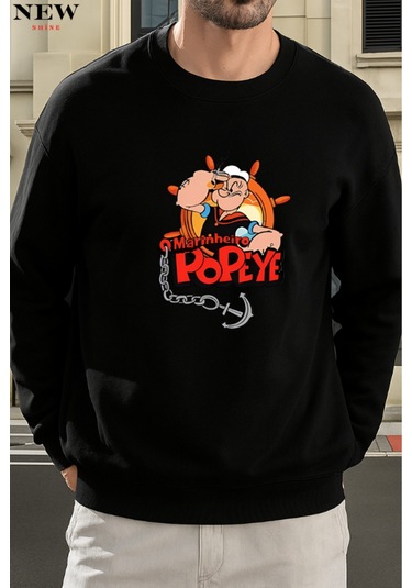 Popeye Baskılı Bisiklet Yaka Sweatshirt Siyah