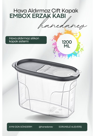 Embox Çift Kapak Sistemli Erzak Kabı - Hava Aldırmaz Kapaklı Saklama Kabı 1200 Ml 12 X 20 Cm Şeffaf