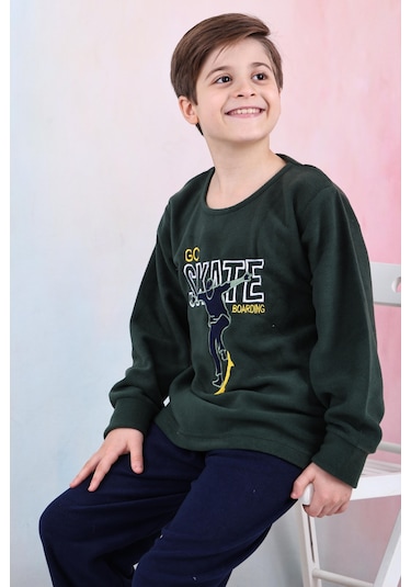 Yeni Sezon Sonbahar/kış Erkek Çocuk Skate Desenli Polar Pijama Takımı 4515 Haki Yeşili
