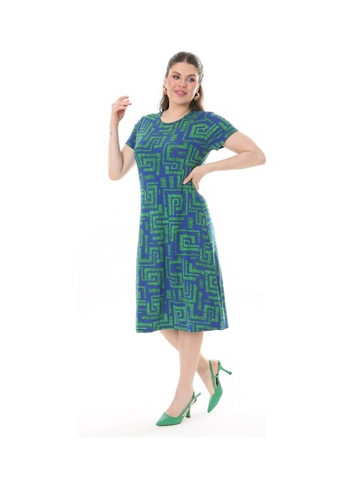 Kadın Mavi Yeşil Labirent Desen Midi Elbise-mavi Mavi