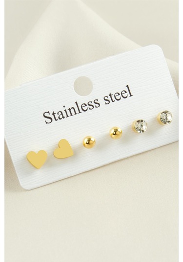 6 Adet Kalp Taşlı Çelik Küpe 0414 Altın