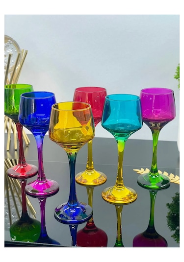 6 Lı Cam Renkli Ayaklı Kahve Yanı Su Bardağı Sunumluk Bardak