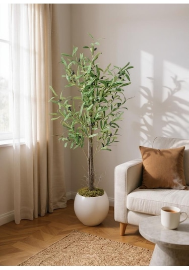 Yapay Zeytin Ağacı 130cm İki Gövdeli Beyaz Küre Saksıda Salex Doğal Gerçek Görünümlü Yapay Ağaç