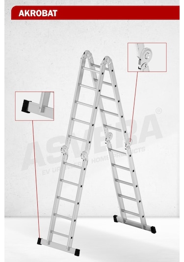 Asvera 5.8 Metre Çok Amaçlı Akrobat Merdiven - 20 Basamaklı 4x5 Katlanır Profesyonel Merdiven