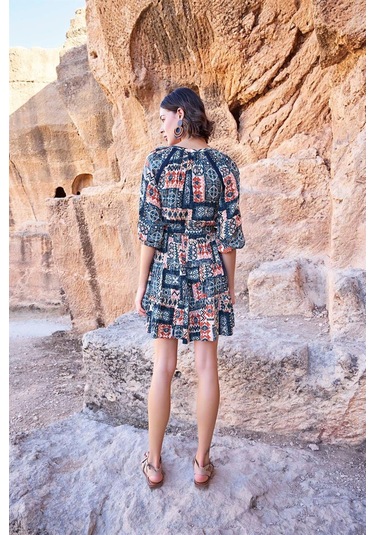 Monamise Kadın Etnik Desenli Truvakar Kollu V Yaka Elbise 23064