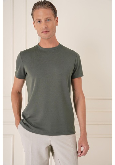 Comfort Fit Bisiklet Yaka Esnek Pamuk Casual Haki Tişört Ts 885 Haki