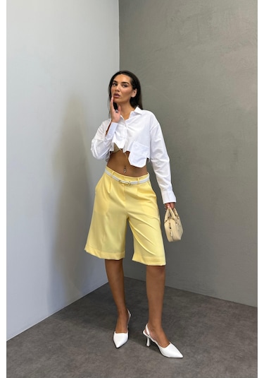 Madmext Sarı Pileli Kadın Bermuda Şort Mg2483 Sarı