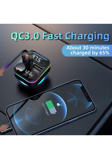 C37 Araba Qc3.0 20w Hızlı Şarj Cihazı Led Arkadan Aydınlatmalı Atmosfer Işığı Mp3 Çalar Bluetooth Fm Verici