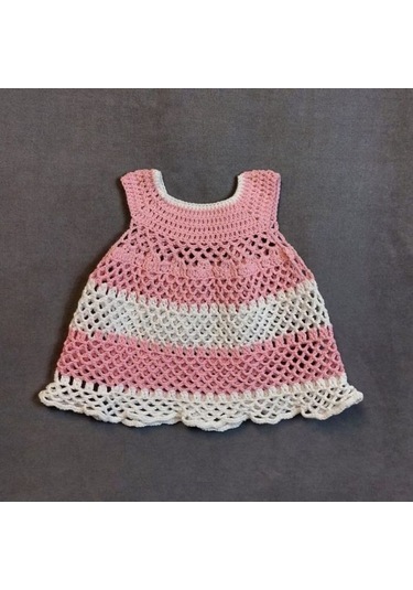 Uretti - Talia 8659 1429 El Örgüsü Koton İp Kız Çocuk Elbise - 1 Yaş / Pembe - Beyaz Pembe - Beyaz