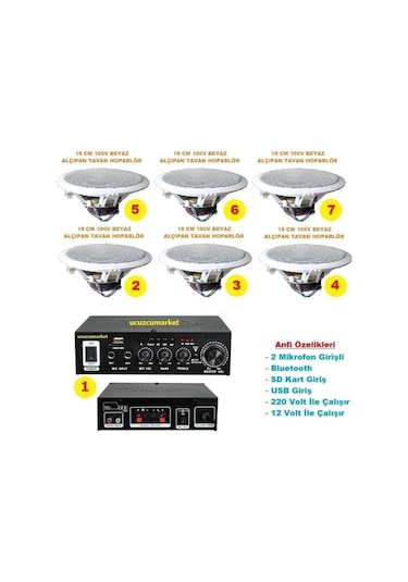 Tavan Hoparlör Seti 1 Adet Anfi + 6 Adet 100v 16 Cm Tavan Hoparlör -118698