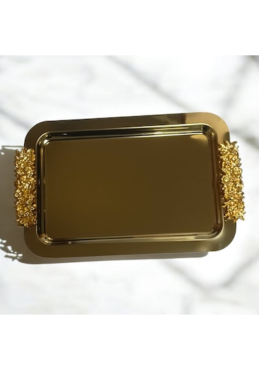 Diperla Kahve Çay Sunum Dikdörtgen Büyük Sunum Tepsisi Gold 30cm