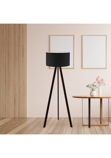 Pratik Tripod Ahşap Ayaklı Lambader Köşe Lambası Siyah Kumaş Dark Siyah