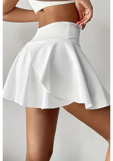Merry See Esnek Likralı Bol Kesim Cepli Taytlı Sporcu Şort Etek - Tenis Eteği Beyaz