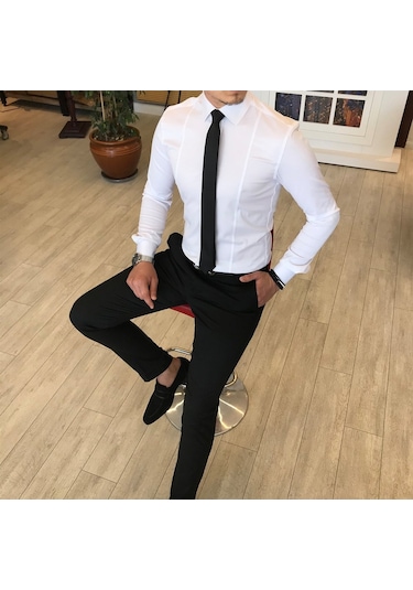 Italyan Stil Slim Fit Erkek Kravat Yaka Gömlek Beyaz T4775