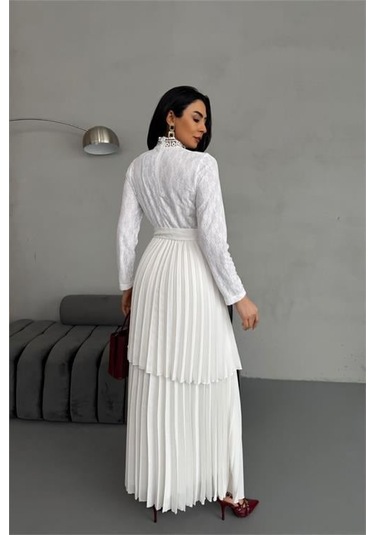 Dipmoda Kadın Krep Kumaş Dantel Detaylı Kemerli Uzun Elbise Dpms2525 Beyaz