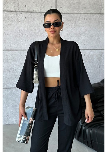 Modagen Kadın Siyah Kimono Alt Üst Havuç Pantolon Takım Siyah