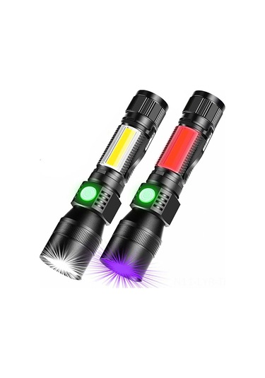 Ranyeek Usb Şarjlı Ultraviyole Ateşböceği Işığı Kırmızı-pembe Işık 7 Fonksiyonlu Cob El Feneri Sulu Dayanıklı 2079 Çift Kaynak + Şarj Kablosu + Li-pil Çok Renkli