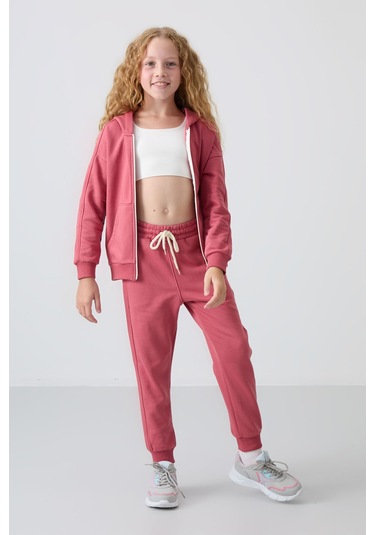 Tommy Life Yaban Gülü Pamuklu İçi Tüylü Yumuşak Dokulu Standart Fit Nakışlı Kız Çocuk Eşofman Takım - 75148 Gül Kurusu