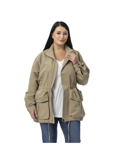 Büyük Beden Çıtçıt Ve Fermuar Kapamalı Beli Büzgülü Astarlı Çağla Yeşili Trençkot Çağla Yeşili