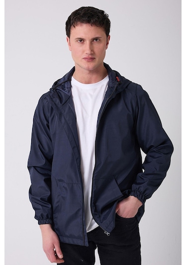 Erkek Astarlı Kanguru Cepli Su Ve Rüzgar Geçirmez Kapüşonlu Cepli Yağmurluk - Rüzgarlık Lacivert