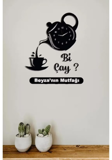 Dekoratif Ahşap Mutfak Saati Bi Çay-kişiye Özel Yazılabilir Siyah