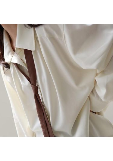 Gri Sonbahar Minimalist Uzun Kollu Düğme Yukarı Gömlek Kadın Kore Tarzı Katı Kravat Büyük Boy Gömlek Bluz Gevşek Elbise Tops Gri