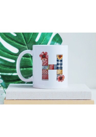 H Harfli Retro Çiçekli Kupa Bardak - Patchwork Tarz Yamalı Desenli İsme Özel Kupa - Hediye Beyaz