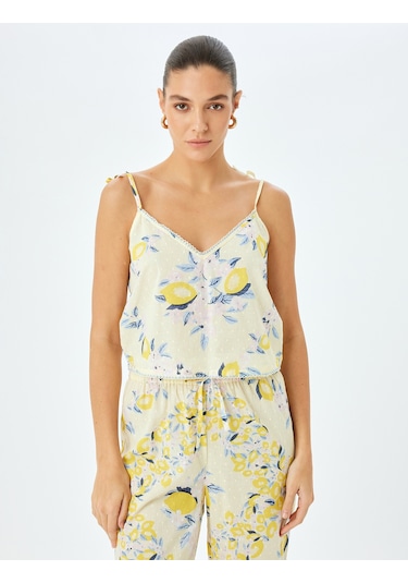 Koton V Yaka İnce Askılı Limon Baskılı Pamuklu Pijama Üstü Ekru Desenli 5slk90012mw Ekru Desenli