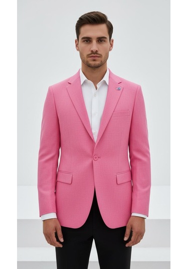 Plus Scorpion Açık Pembe Erkek Slim Fit Tek Düğmeli Blazer Ceket Astarlı, Şık Ve Modern Kesim Açık Pembe