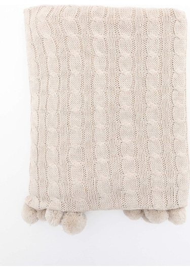 Biocotton Triko Ponponlu Örgü Tv Battaniyesi - Bej